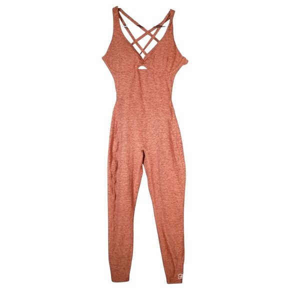 Bombshell Sportswear Sculpt Bodysuit Jumpsuit Womens L Burnt Orange Strappy Back - Picture 1 of 5